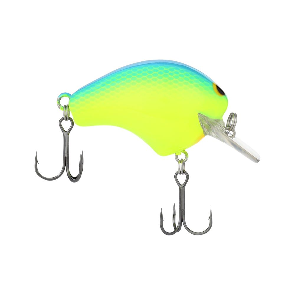 The Shimano Macbeth 50 Squarebill Crankbait by Shimano features a bright multicolored body in blue, green, and yellow with a honeycomb pattern. It includes a Hybrid Edge Square Bill for fast wobble and rolling action, two treble hooks, and has a clear lip for diving.