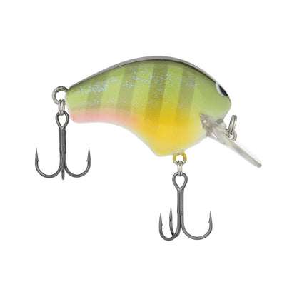 The Shimano Macbeth 50 Squarebill Crankbait features a vibrant green-to-yellow gradient body with pink specks, a Hybrid Edge Square Bill, and offers fast wobble and roll action. It includes a plastic diving lip and two strategically placed treble hooks for optimal performance.