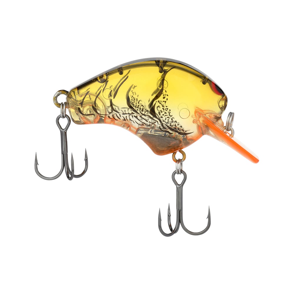 The Shimano Macbeth 50 Squarebill Crankbait by Shimano features a translucent black and orange design, dual sharp treble hooks, and an orange tip. Its artistic scales and fast wobble plus rolling action are enhanced by a fixed one-piece weight for superior performance.