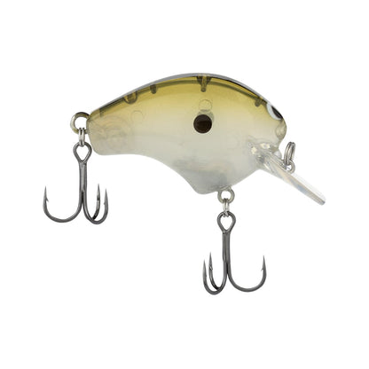 The Shimano Macbeth 50 Squarebill Crankbait, by Shimano, is a transparent lure shaped like a small fish with a curved body. It has Fast Wobble and Rolling Action, a greenish top, translucent bottom, and two treble hooks on the belly and tail for perfect balance.
