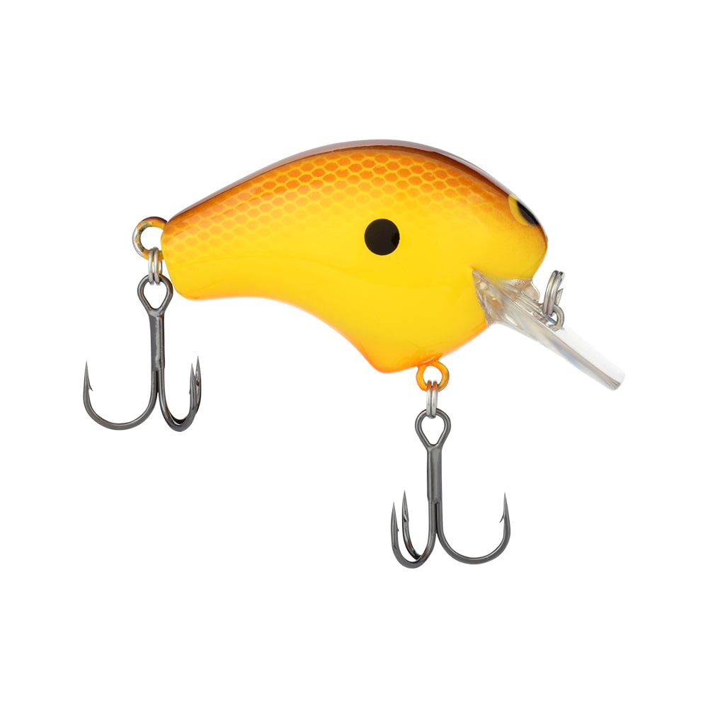 The Shimano Macbeth 50 Squarebill Crankbait, in yellow and orange, resembles a fish with a scale pattern and small black eye. It features two treble hooks, a pointed diving lip for fast wobble, rolling action, and has an enhanced fixed one-piece weight.