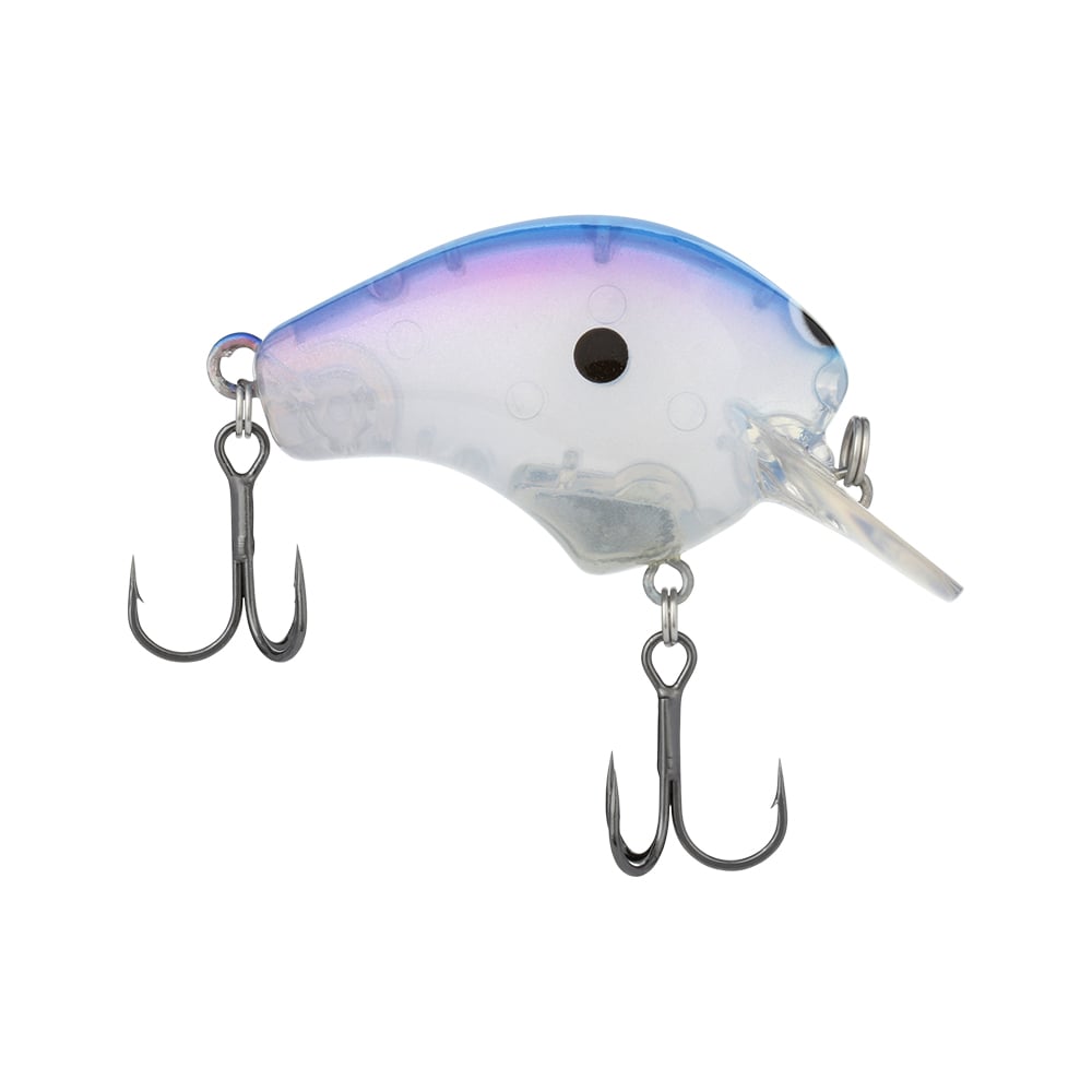 The Shimano Macbeth 50 Squarebill Crankbait by Shimano is a small, translucent lure with a blue-purple gradient top, black eyespots, short clear bill, and two treble hooks—ideal for bass fishing.