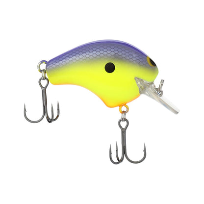 The Shimano Macbeth 50 Squarebill Crankbait by Shimano features a blue and yellow body with a black dot, scale pattern, two sharp treble hooks, and a clear plastic lip—ideal for bass fishing. Displayed on a white background.