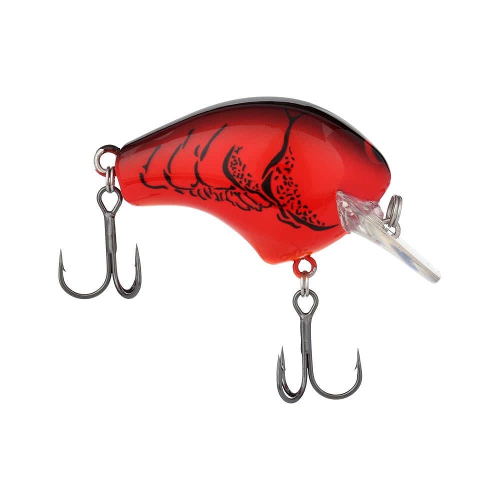 The Shimano Macbeth 50 Squarebill Crankbait by Shimano is a red and black lure shaped like a small fish, with two treble hooks and a clear plastic lip for diving—ideal for bass fishing.