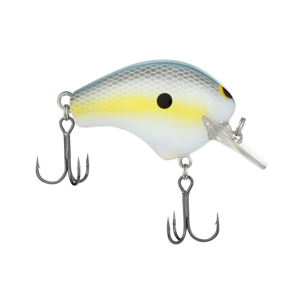 The Shimano Macbeth 50 Squarebill Crankbait by Shimano has a white body with yellow and gray accents, a black eye spot, textured pattern, clear lip, and two treble hooks—ideal for bass fishing.
