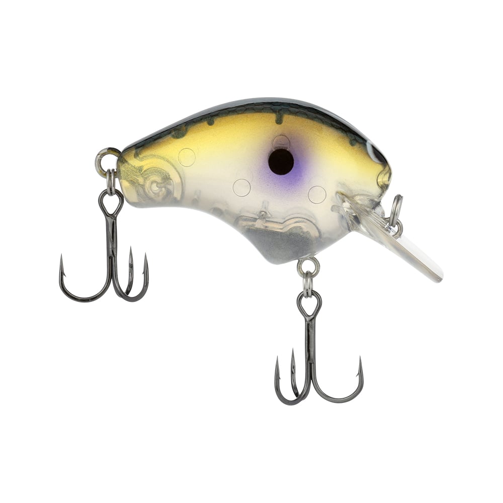 The Shimano Macbeth 50 Squarebill Crankbait by Shimano is a bass fishing lure with a clear and yellow body, black top, purple spot near the head, and two treble hooks on the bottom and rear.