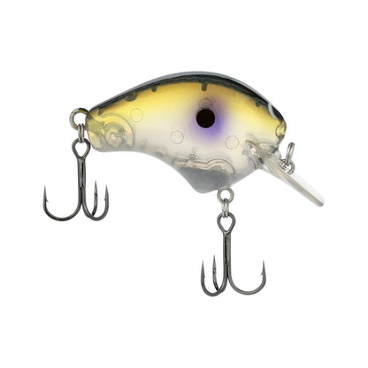 The Shimano Macbeth 50 Squarebill Crankbait by Shimano is a bass fishing lure with a clear and yellow body, black top, purple spot near the head, and two treble hooks on the bottom and rear.