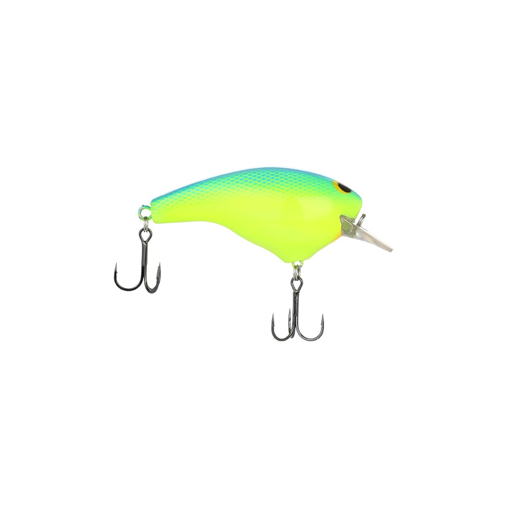 The Shimano Macbeth Big Squarebill Crankbait is a bright yellow and blue bass fishing lure with two metal treble hooks, a shiny finish, and a small clear plastic lip. Its Hybrid Edge Squarebill design makes it ideal for catching fish.