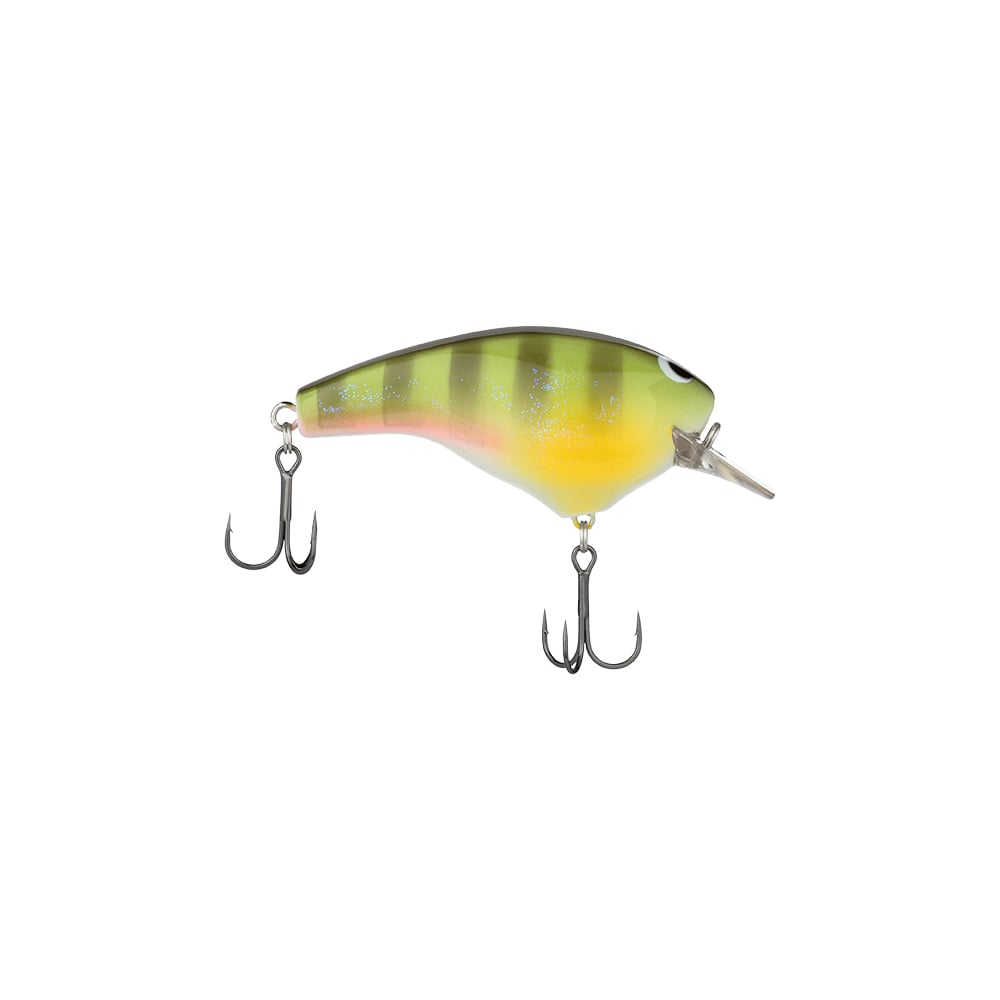 The Shimano Macbeth Big Squarebill Crankbait is a vibrant lure shaped like a small fish, featuring a green-yellow gradient on top and pinkish underside. Ideal for bass fishing, it includes two treble hooks and a metallic lip for diving into water.
