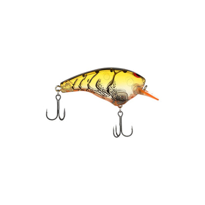 The Shimano Macbeth Big Squarebill Crankbait is a bass fishing lure shaped like a small fish in vibrant yellow and orange, with two treble hooks and detailed scale patterns. Its small, orange lip ensures precise diving to entice any catch.