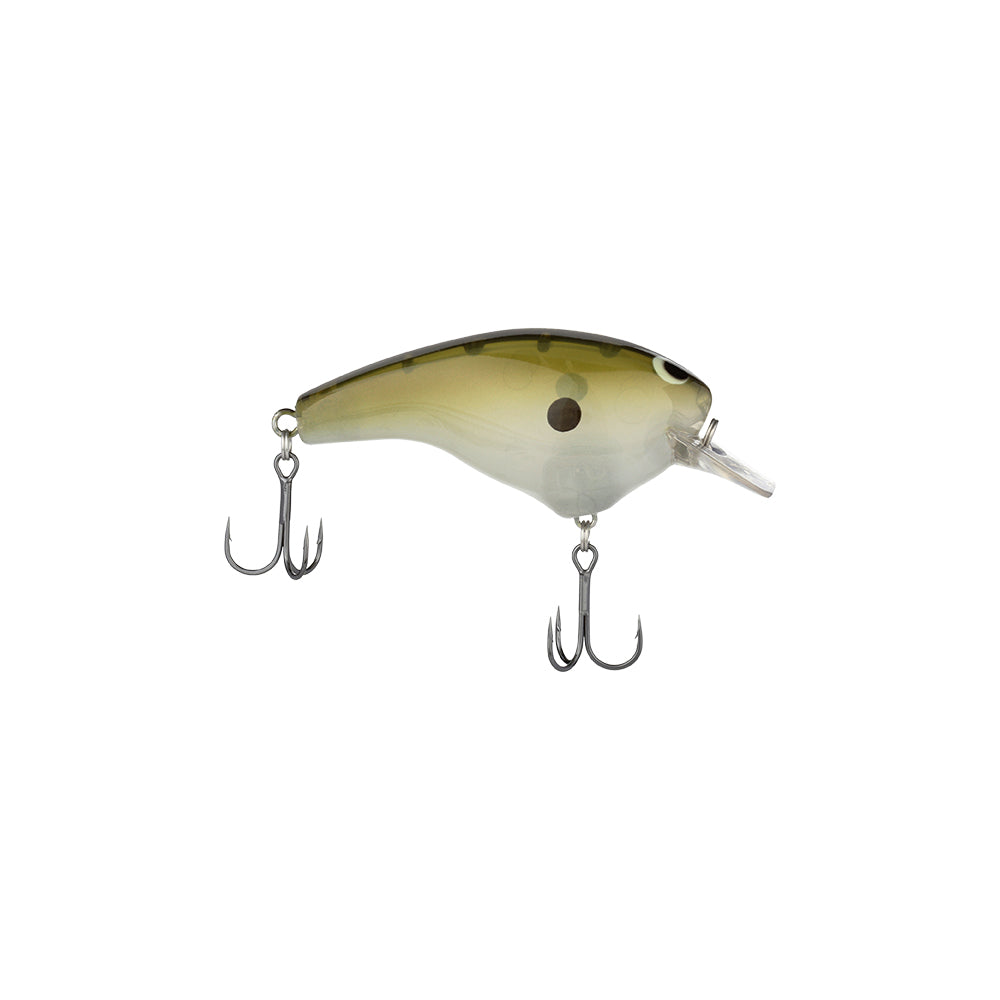 The Shimano Macbeth Big Squarebill Crankbait, in green and white with two treble hooks and a transparent bill, is expertly crafted to mimic a fish. Ideal for bass fishing enthusiasts, this Hybrid Edge design stands out against a plain white background.
