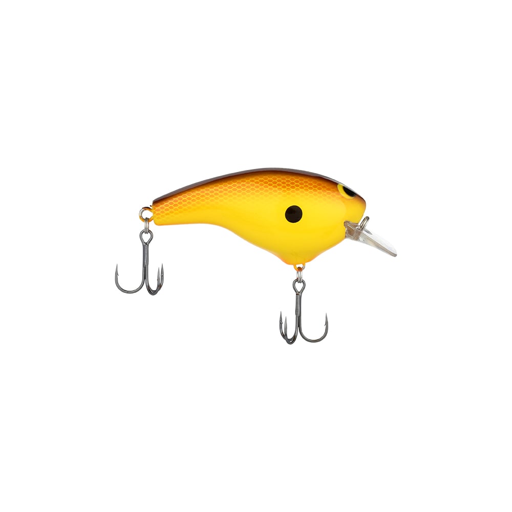 The Shimano Macbeth Big Squarebill Crankbait by Shimano is a yellow and brown lure with black spots, two treble hooks, and a small silver lip—perfect for anglers seeking effective freshwater fishing gear.