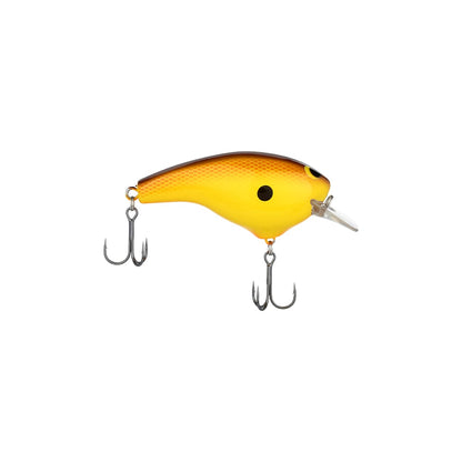 The Shimano Macbeth Big Squarebill Crankbait by Shimano is a yellow and brown lure with black spots, two treble hooks, and a small silver lip—perfect for anglers seeking effective freshwater fishing gear.