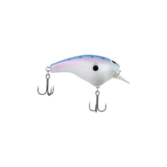 The Shimano Macbeth Big Squarebill Crankbait by Shimano features a blue and white fish-shaped body, two black spots, a clear plastic lip, and two treble hooks—ideal as a quality bass crankbait for freshwater fishing.