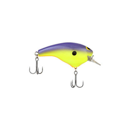 The Shimano Macbeth Big Squarebill Crankbait by Shimano features a yellow and purple body with two black spots, plus two treble hooks beneath and at the tail—ideal for freshwater lure collections.