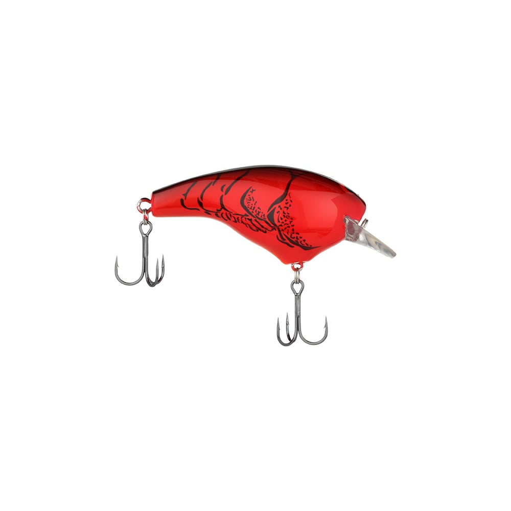 The Shimano Macbeth Big Squarebill Crankbait is a red, fish- or crawfish-shaped lure with black markings and two metal treble hooks—making it an ideal freshwater bait.