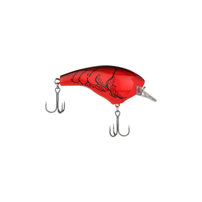The Shimano Macbeth Big Squarebill Crankbait is a red, fish- or crawfish-shaped lure with black markings and two metal treble hooks—making it an ideal freshwater bait.