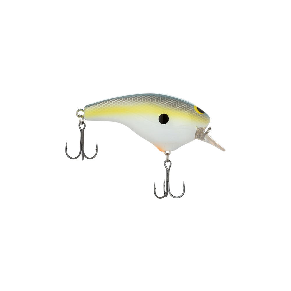 The Shimano Macbeth Big Squarebill Crankbait by Shimano features a white belly, yellow stripe, blue-gray back, black spots, and two treble hooks—an ideal freshwater lure for anglers.