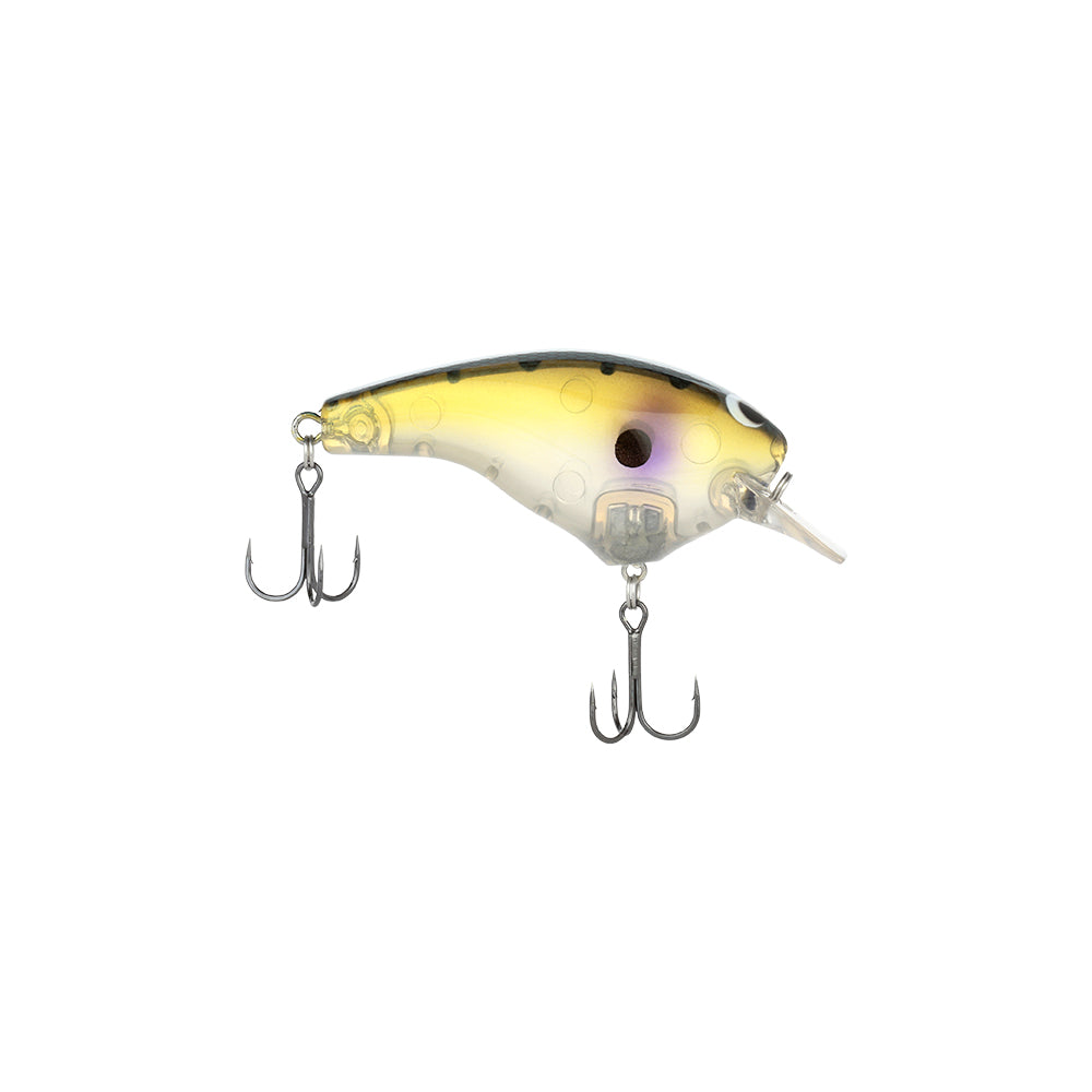 The Shimano Macbeth Big Squarebill Crankbait is a plastic lure shaped like a small fish with a yellow translucent body, black spots, two treble hooks, and a clear front bill—perfect for anglers targeting freshwater species.