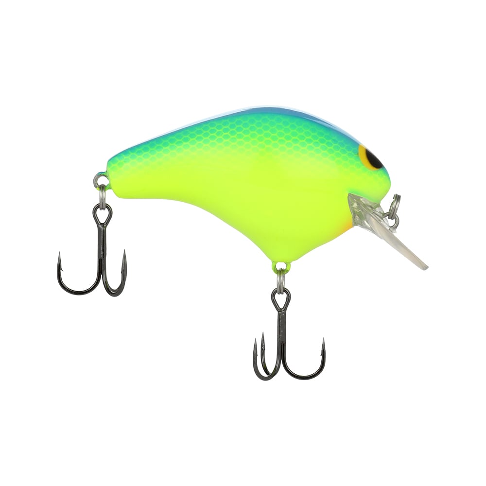 The Shimano Macbeth Original Squarebill Crankbait is a vibrant fishing lure with a blue to yellow gradient body, equipped with two treble hooks on the belly and rear, and featuring a small clear plastic lip for its Hybrid Edge square bill design.
