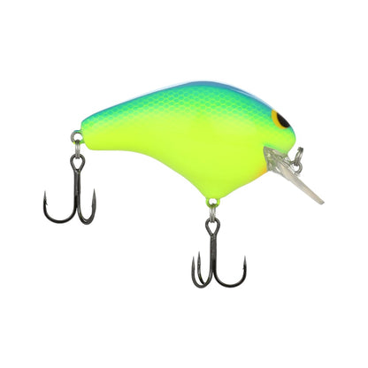The Shimano Macbeth Original Squarebill Crankbait is a vibrant fishing lure with a blue to yellow gradient body, equipped with two treble hooks on the belly and rear, and featuring a small clear plastic lip for its Hybrid Edge square bill design.