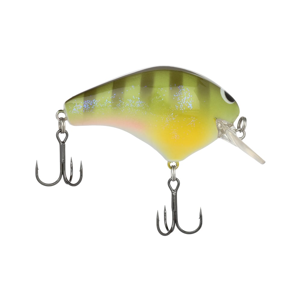 The Shimano Macbeth Original Squarebill Crankbait features a striking green and yellow design with black stripes, two treble hooks on the bottom and tail, and a short clear plastic lip for perfect diving, making it a true Hybrid Edge square bill blending performance with visual appeal.