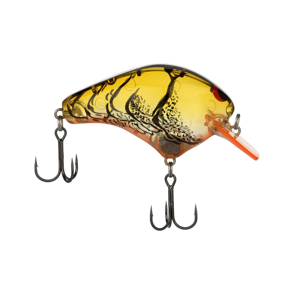 Introducing the Shimano Macbeth Original Squarebill Crankbait: a lure with a gold and black swirl, two treble hooks, and a reflective exterior. Its sharp curves and flat, translucent front lip showcase its Hybrid Edge square bill design.
