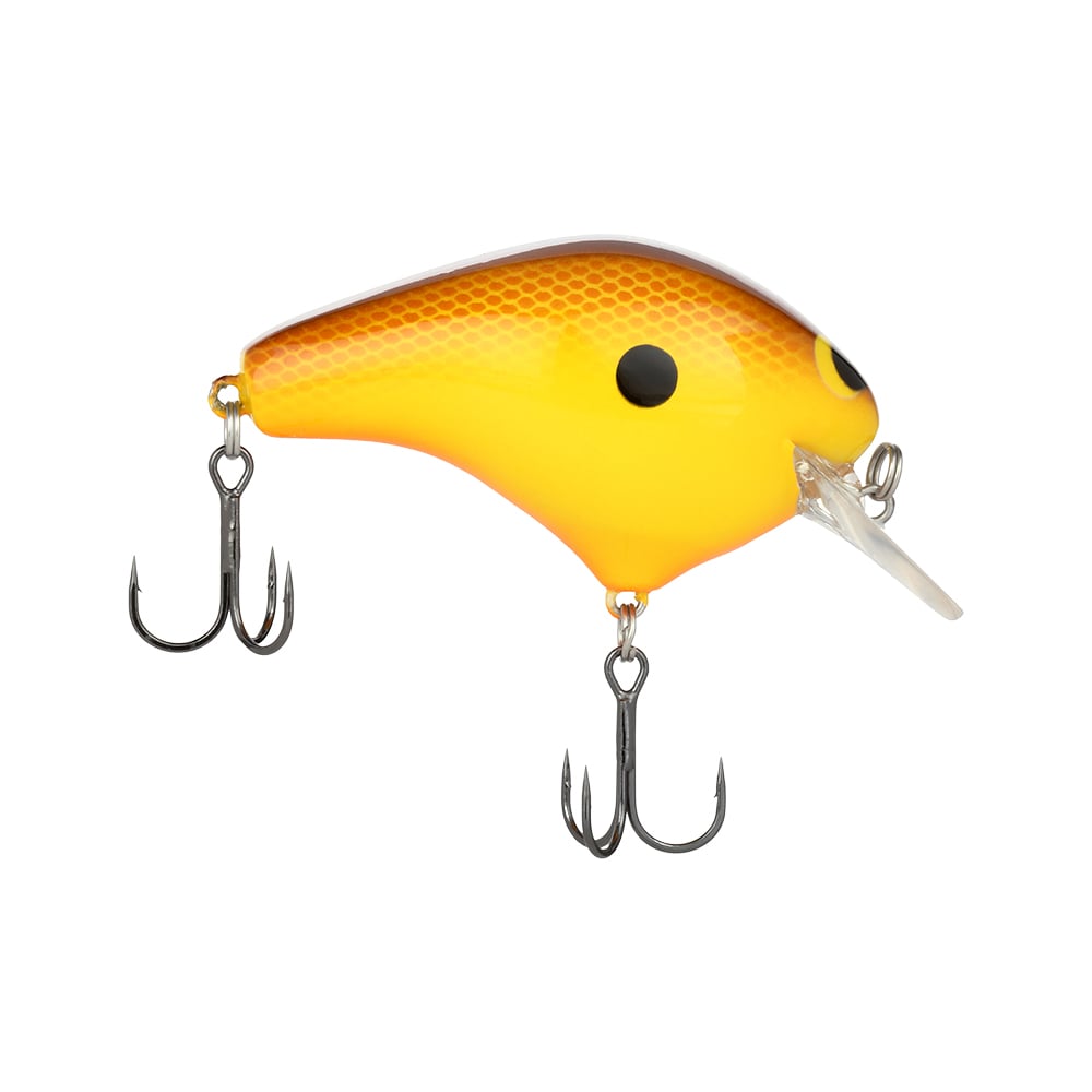 The Shimano Macbeth Original Squarebill Crankbait features a yellow-orange body with black spots, clear plastic lip, and two treble hooks—an ideal freshwater lure for anglers seeking quality by Shimano.