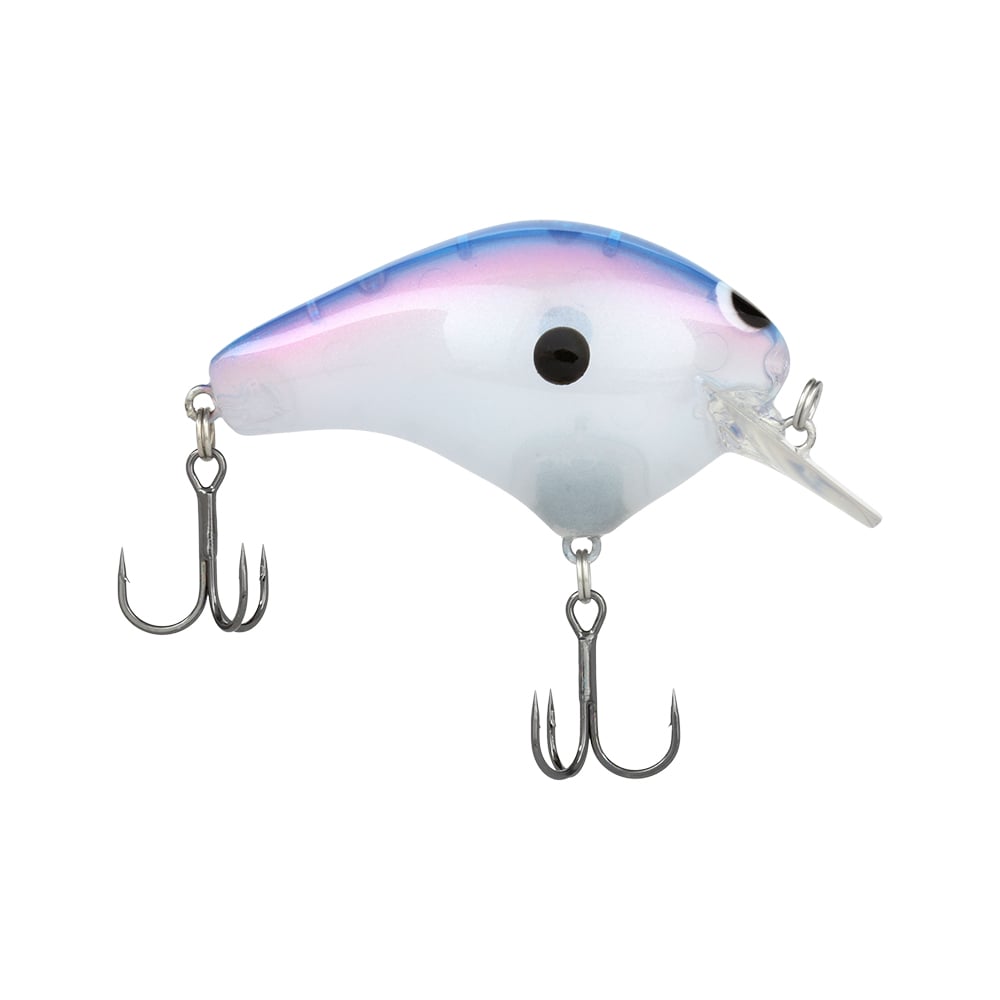 Shimano Macbeth Original Squarebill Crankbait—a translucent, fish-shaped lure with blue-pink gradient top, large black eyes, and two treble hooks—delivers lifelike realism for anglers seeking freshwater success.