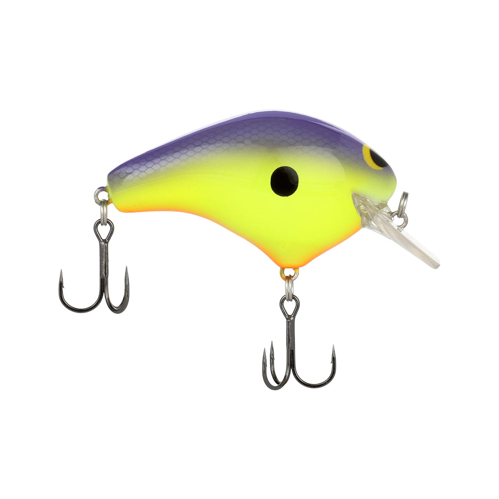 The Shimano Macbeth Original Squarebill Crankbait by Shimano features a vibrant purple and yellow body, black dot eyes, clear plastic lip, and two treble hooks—ideal for any freshwater lure collection.