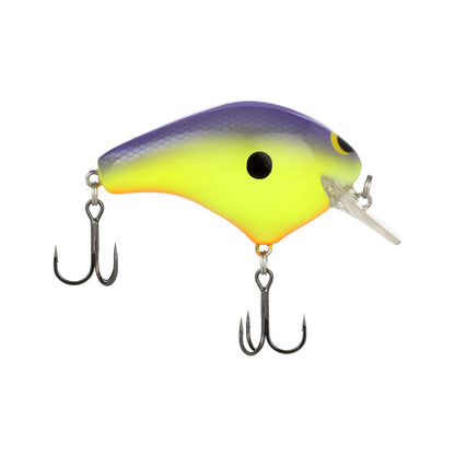 The Shimano Macbeth Original Squarebill Crankbait by Shimano features a vibrant purple and yellow body, black dot eyes, clear plastic lip, and two treble hooks—ideal for any freshwater lure collection.