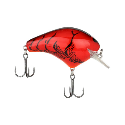 The Shimano Macbeth Original Squarebill Crankbait is a red lure with black scale patterns, two treble hooks, and a clear plastic lip—perfect for freshwater fishing like the Hybrid Edge square bill.