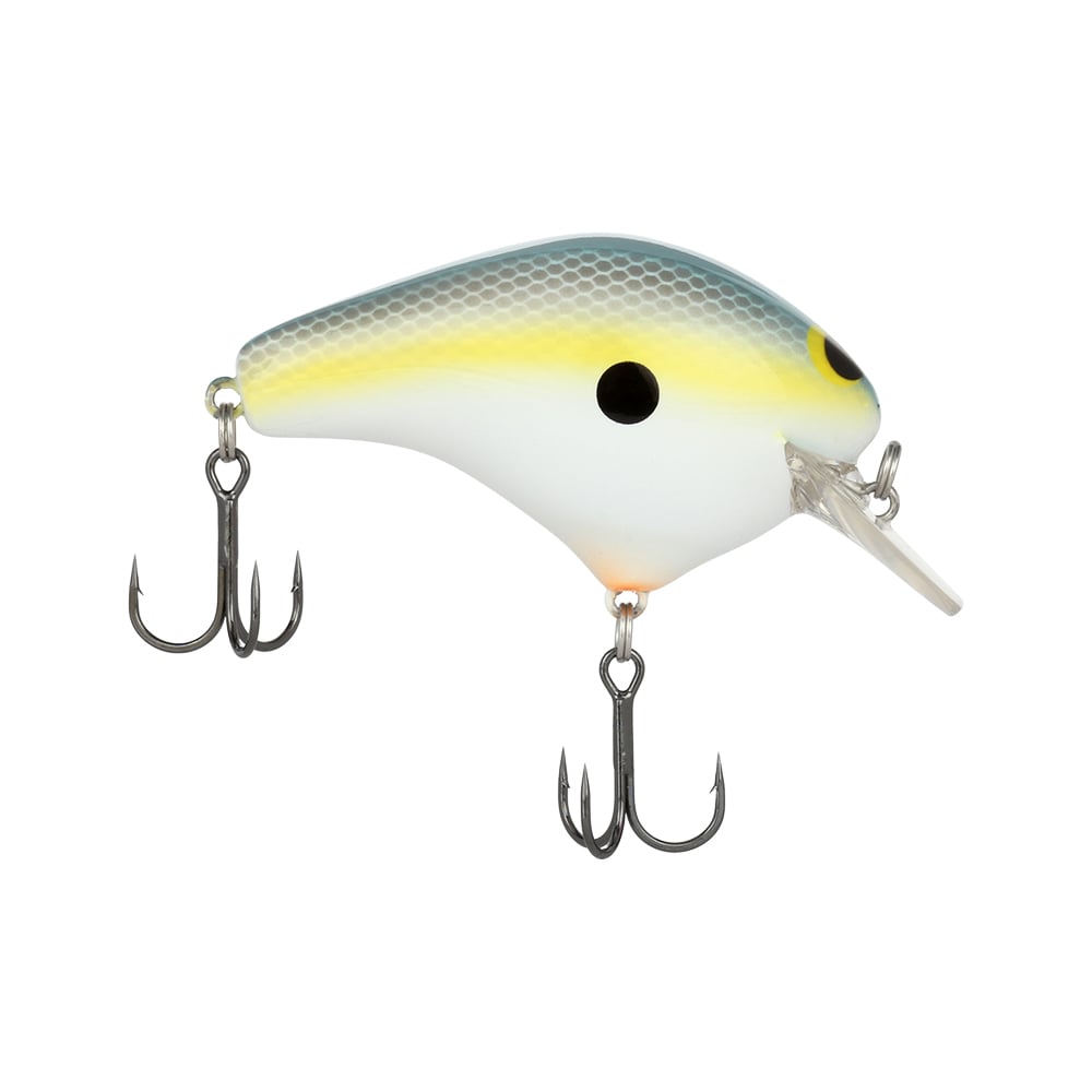 The Shimano Macbeth Original Squarebill Crankbait is a fish-shaped freshwater lure with a white body, yellow and gray accents, black eyes, and two treble hooks—making it an ideal choice among Shimano lures.