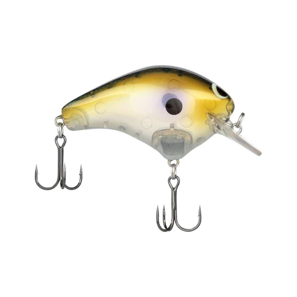 The Shimano Macbeth Original Squarebill Crankbait is a fishing lure shaped like a small fish, featuring a yellow-brown gradient body with a dark eye spot, clear plastic lip, and two treble hooks on the bottom and back.