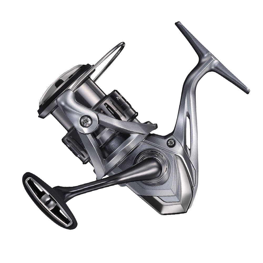 A close-up of the Shimano Nasci FC Spinning Reel (NASC3000HGFC) by Shimano, in silver with a black handle and HAGANE Gear technology, isolated on a white background.