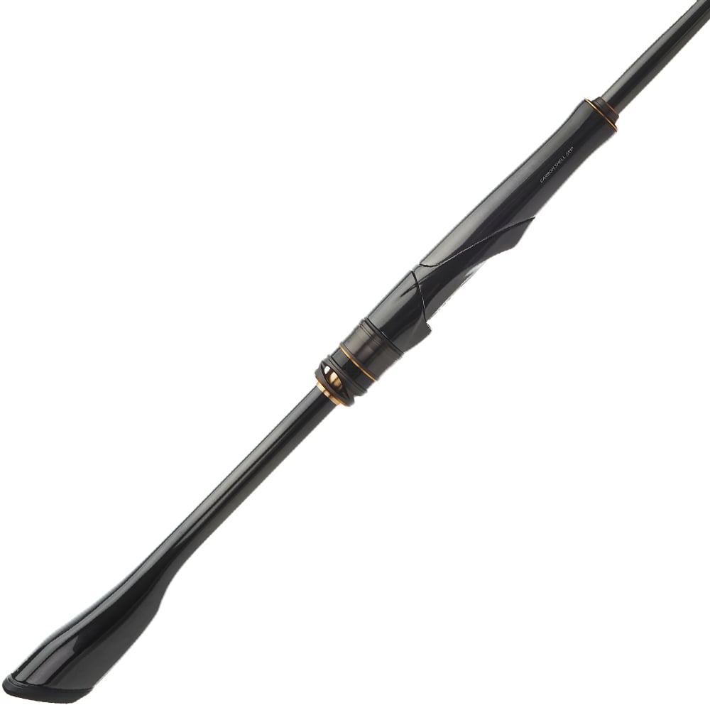 A close-up of the Shimano Poison Ultima Spinning Rod 7'0" Medium shows a black handle with gold-accented reel seat and Carbon Monocoque design, highlighting exceptional sensitivity, strength, and ergonomic grip.