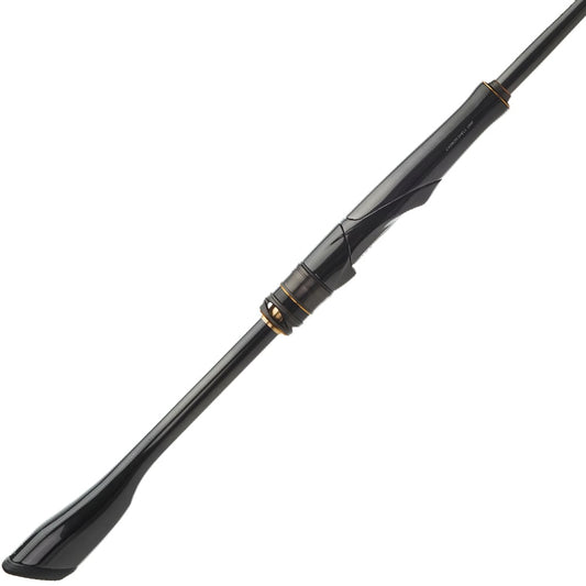 A close-up of the Shimano Poison Ultima Spinning Rod 7'0" Medium Light (PU270ML) handle shows its black finish, gold accents, and ergonomic modern design.