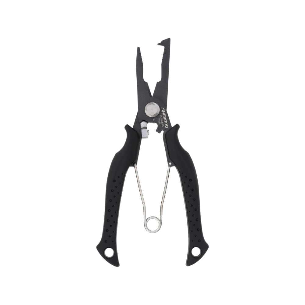 Shimano Power Pliers by Shimano, featuring black handles, a spring-loaded design, built-in wire cutter, and split ring sections—vital for any fishing kit—are displayed against a white background.