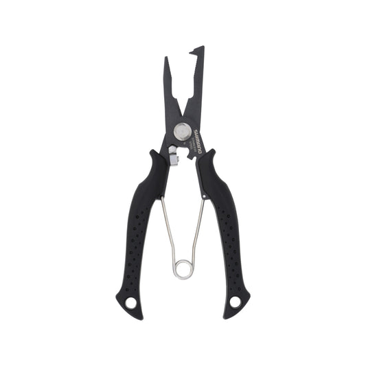 Shimano Power Pliers by Shimano, featuring black handles, a spring-loaded design, built-in wire cutter, and split ring sections—vital for any fishing kit—are displayed against a white background.