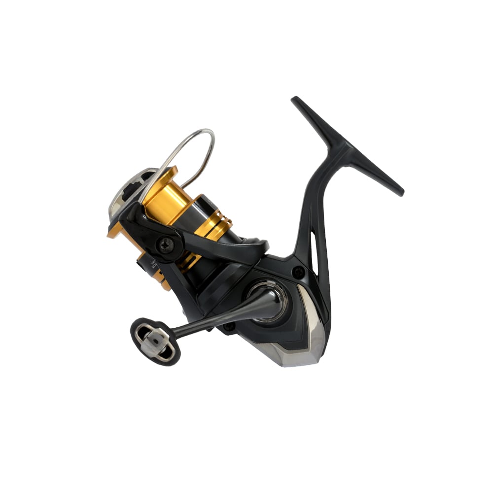 A Shimano Sahara FJ Spinning Reel 1000FJ (SH1000FJ) by Shimano, in black and gold with a metallic spool, HAGANE Gear, and ergonomic handle, is shown against a white background.