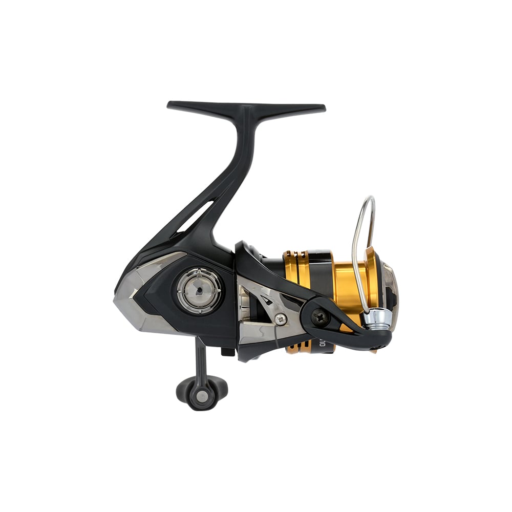 A close-up side view of the Shimano Sahara FJ Spinning Reel 1000FJ | SH1000FJ by Shimano, featuring a black handle, silver body, and gold spool with HAGANE Gear technology—ideal for modern spinning reel fans, isolated on white.