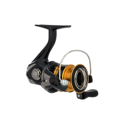 The Shimano Sahara FJ Spinning Reel 1000FJ by Shimano is shown in black and gold with a handle, HAGANE Gear, and metal bail on a white background—an ideal choice for quality spinning reel enthusiasts.