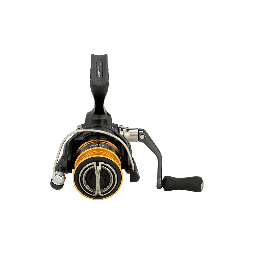 A front-facing view of the Shimano Sahara FJ Spinning Reel 1000FJ (SH1000FJ) in black and gold with a right-side crank, set against a white background, showcases Shimano’s quality design and precision engineering.