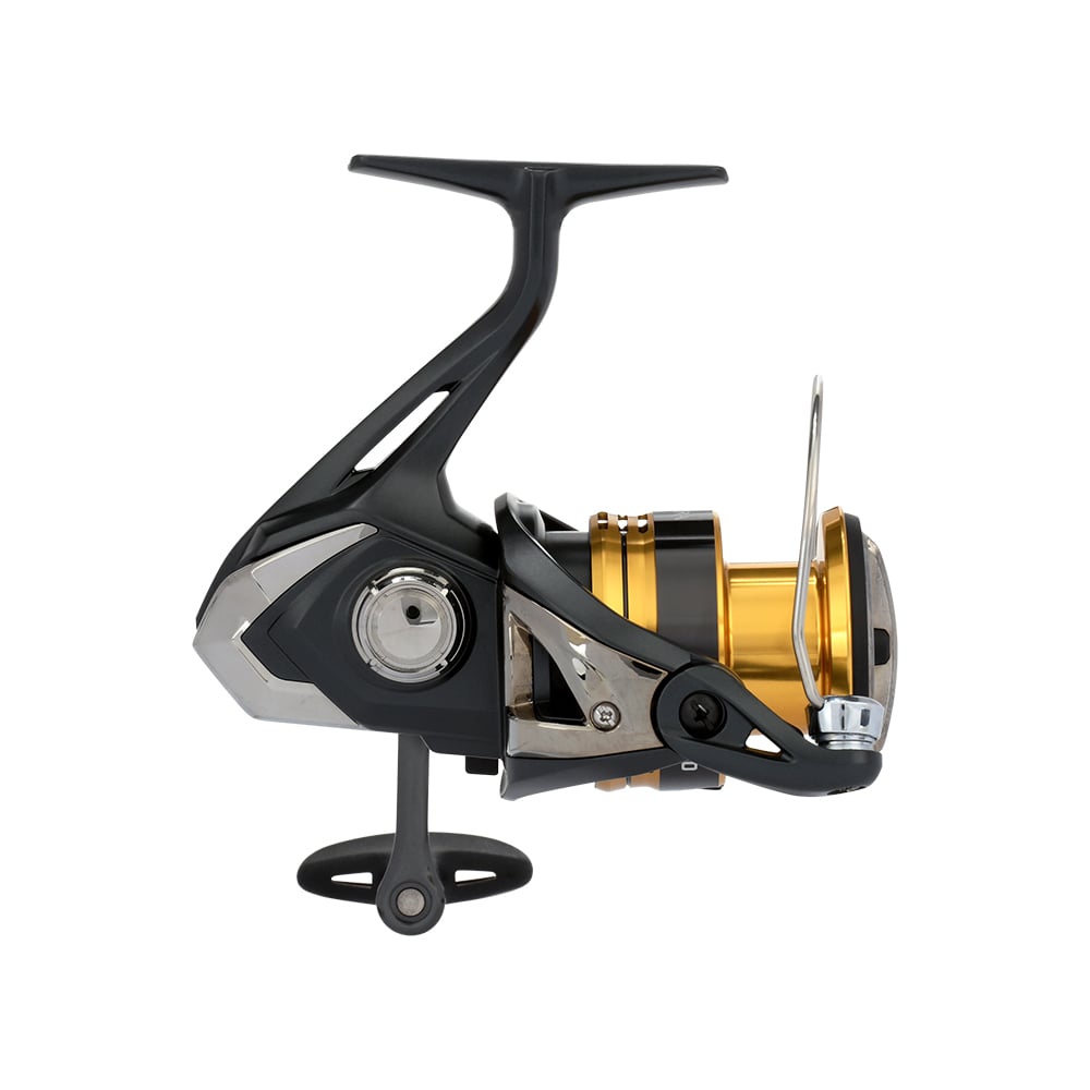 A close-up side view of the Shimano Sahara FJ Spinning Reel 3000HGFJ by Shimano, showcasing its black and gold design, HAGANE Gear, metallic spool, crank handle, and sleek technical details.