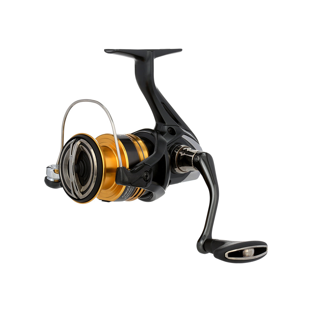 The Shimano Sahara FJ Spinning Reel 3000HGFJ by Shimano, in black and gold with a metal handle and spool and durable HAGANE Gear, is shown from the side on a white background.