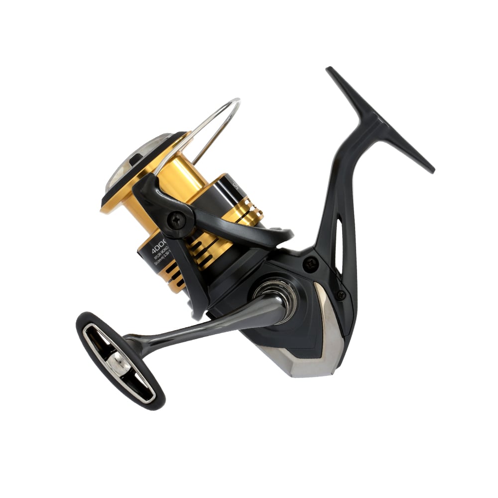 The Shimano Sahara FJ Spinning Reel 4000XGFJ by Shimano is a black and gold reel with HAGANE Gear, spool, handle, and bail arm, shown against a white background.
