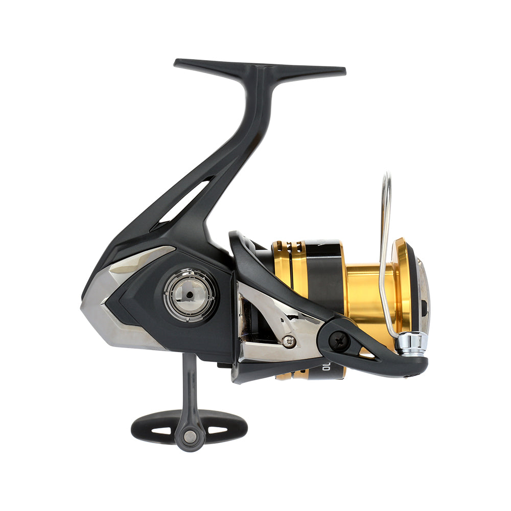 Close-up of the Shimano Sahara FJ Spinning Reel 4000XGFJ (SH4000XGFJ) featuring a black and metallic body, gold spool, ergonomic handle, and durable HAGANE Gear by Shimano, shown against a white background.