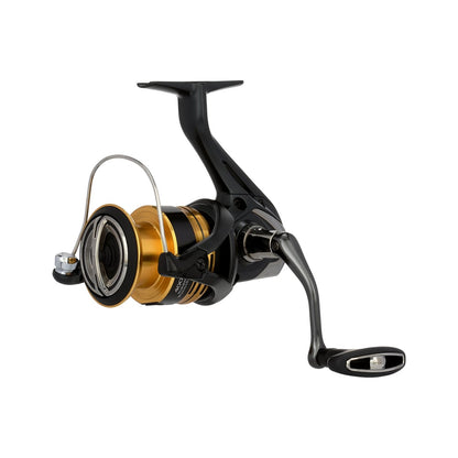 The Shimano Sahara FJ Spinning Reel 4000XGFJ (SH4000XGFJ) by Shimano is shown in black and gold with a curved handle and line spool featuring HAGANE Gear, viewed from the side on a white background.