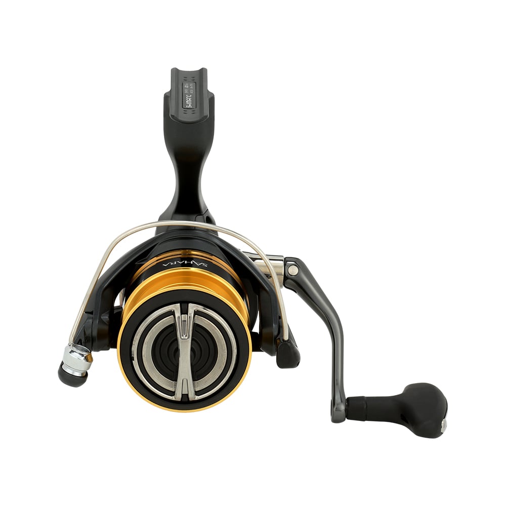 A front view of the Shimano Sahara FJ Spinning Reel 4000XGFJ (SH4000XGFJ) by Shimano, in black and gold, featuring a right-side handle, HAGANE Gear, and a metallic bail wire across the spool.