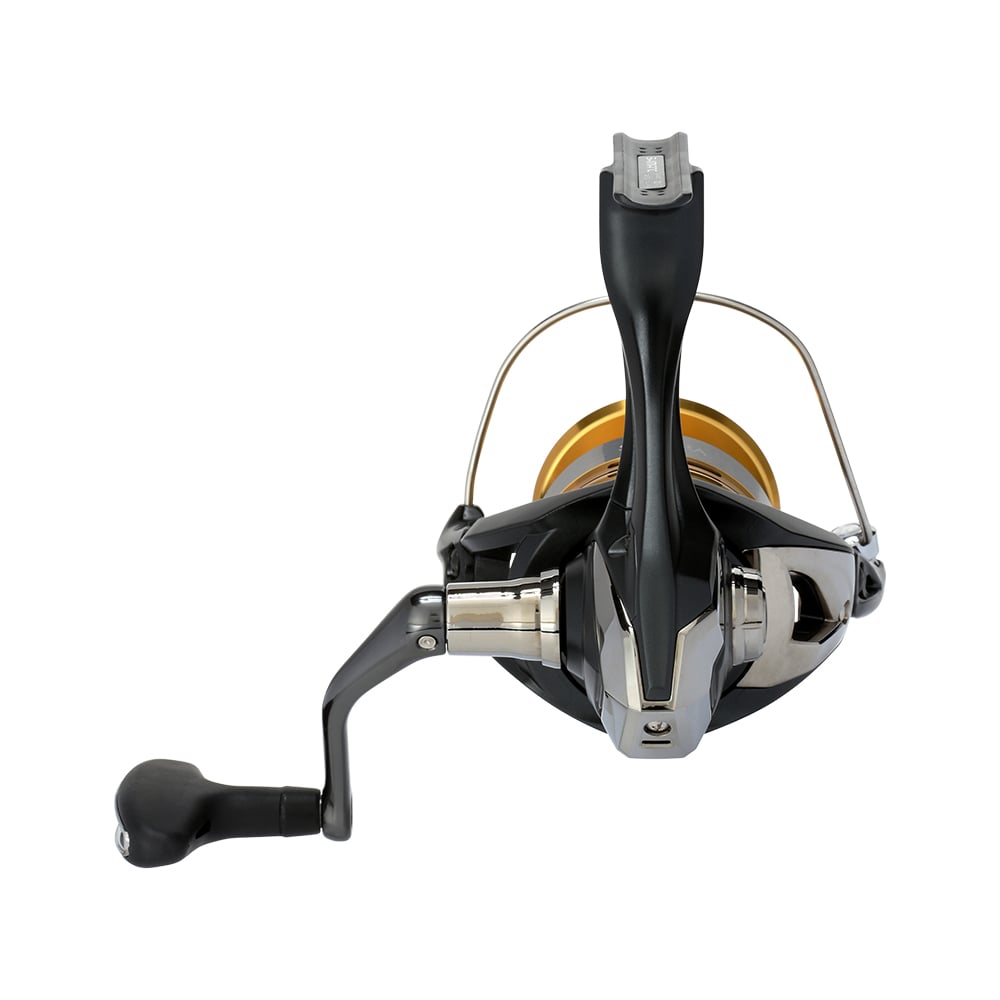 The Shimano Sahara FJ Spinning Reel 4000XGFJ by Shimano features a black and silver design, gold spool, left-side handle, HAGANE Gear technology, and an arched bail arm visible from the front.